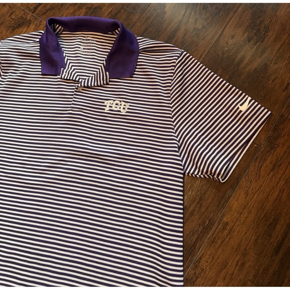Nike TCU Golf Dri-FIT Mens X-Large Purple White Stripe Polo Shirt XL Horned Frog
